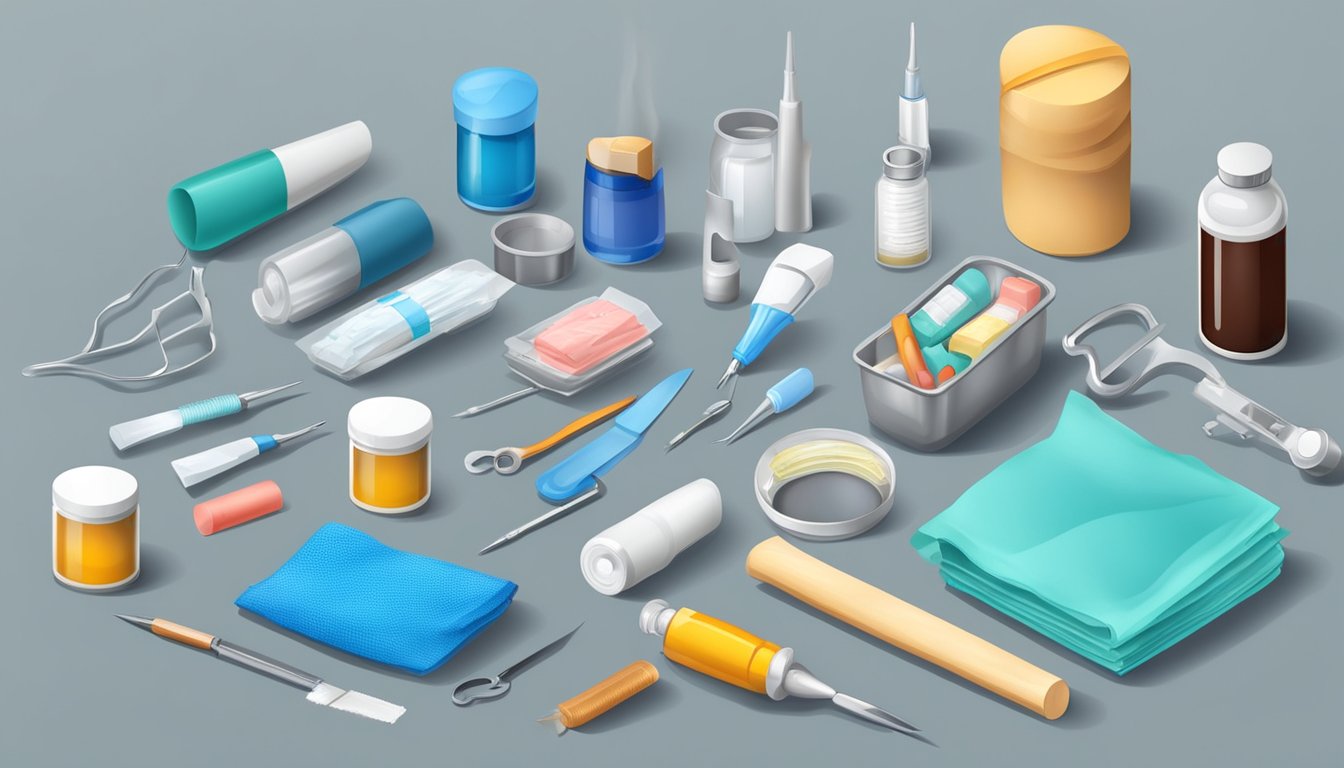 A table covered in various medical supplies and tools for field dressing wounds