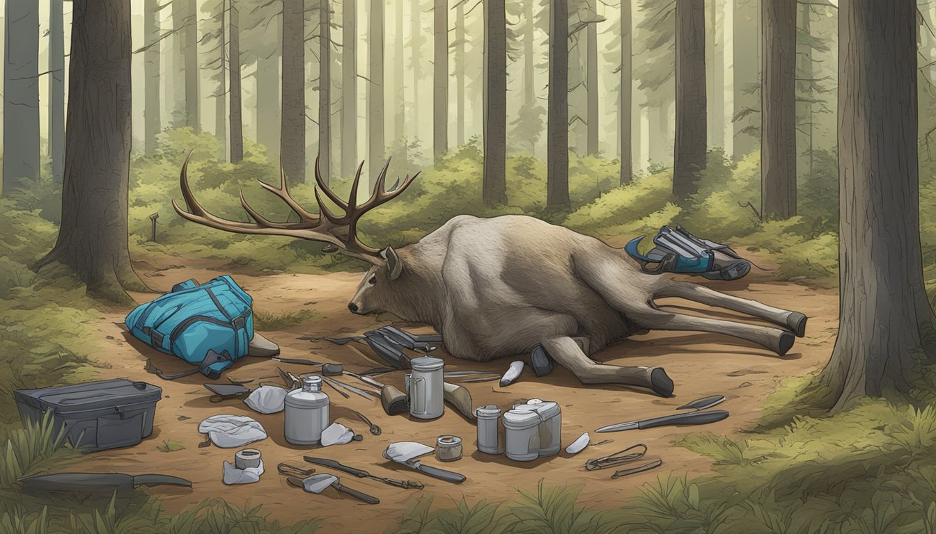 An elk carcass laid out in a forest clearing, surrounded by tools and equipment for field dressing. Safety gear is visible nearby