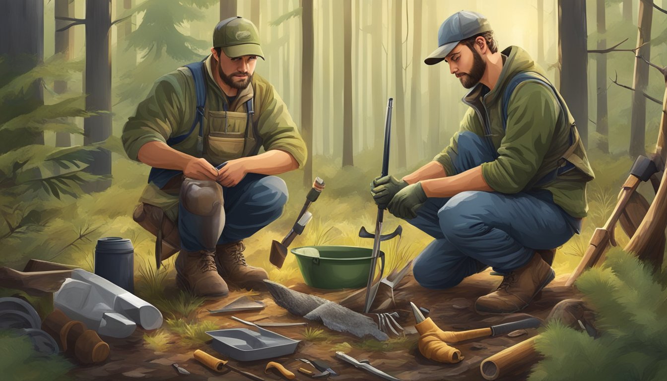 A hunter carefully cleans and prepares a freshly caught animal in a forest clearing, surrounded by tools and equipment