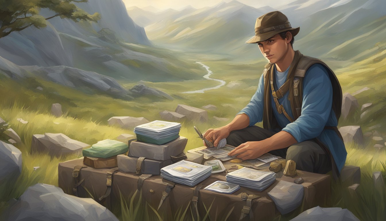 A character using a magical lodestone to access game information while surrounded by field dressing supplies