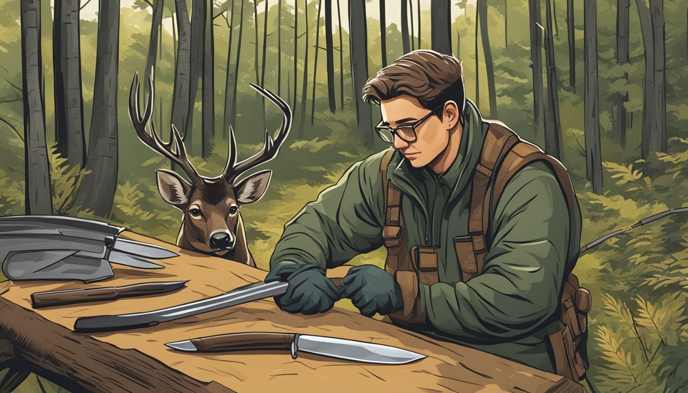 A hunter carefully selects a sharp knife from a selection of blades, preparing to field dress a deer in the woods