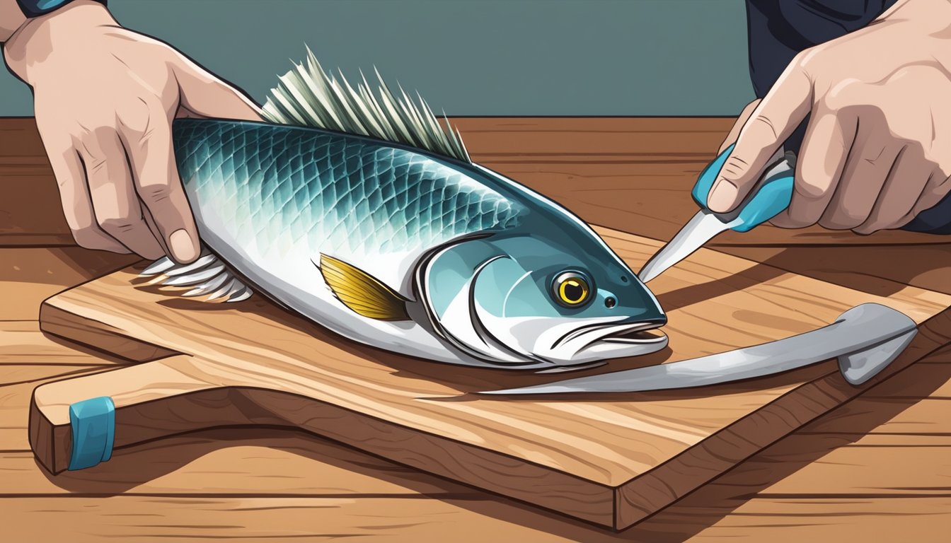 A fish being cleaned and prepared for cooking on a wooden cutting board with a sharp knife and a pair of gloves