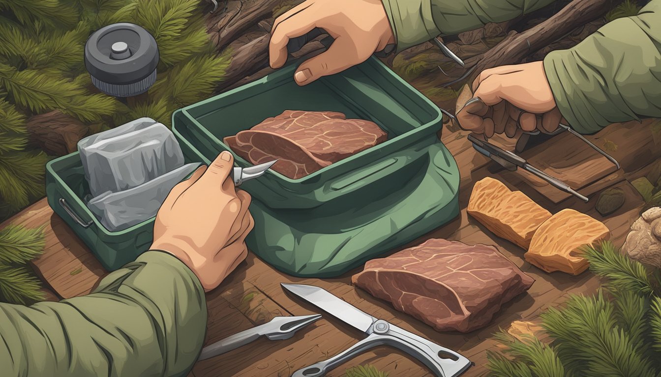 A hunter's hands clean tools and pack meat in a forest clearing