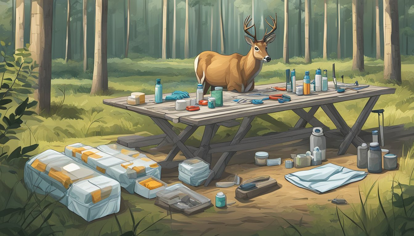 A table with various medical supplies, including bandages, antiseptic, and gloves, is set up in a forest clearing. A deer carcass lies nearby, ready for field dressing