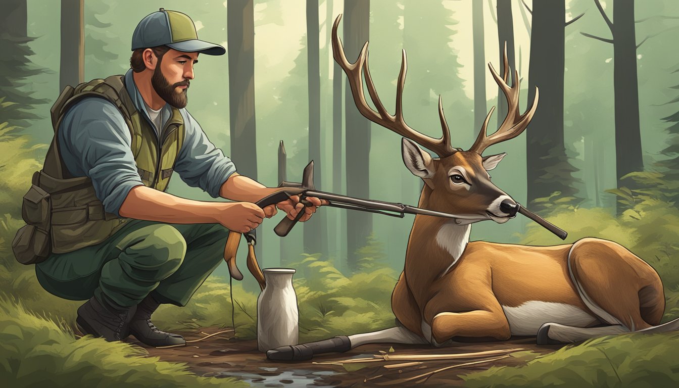 A hunter carefully cleans and dresses a freshly caught deer in a forest clearing