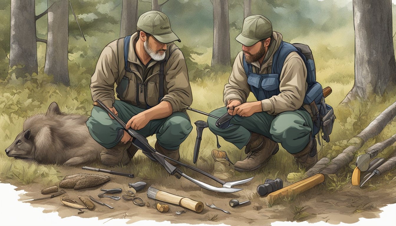 A hunter kneeling beside a freshly harvested animal, with tools and supplies for field dressing laid out nearby