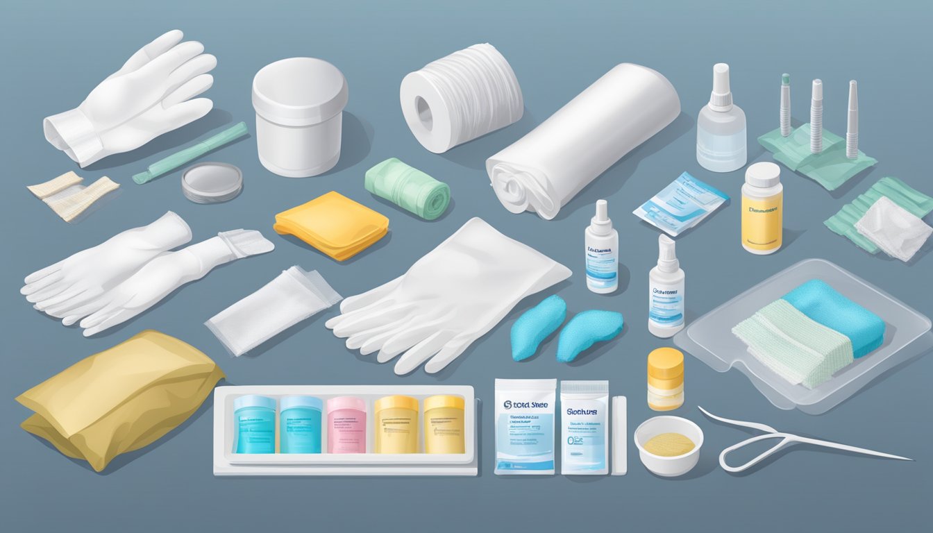 A table displays a glove kit with various components: sterile gloves, gauze, antiseptic wipes, and bandages