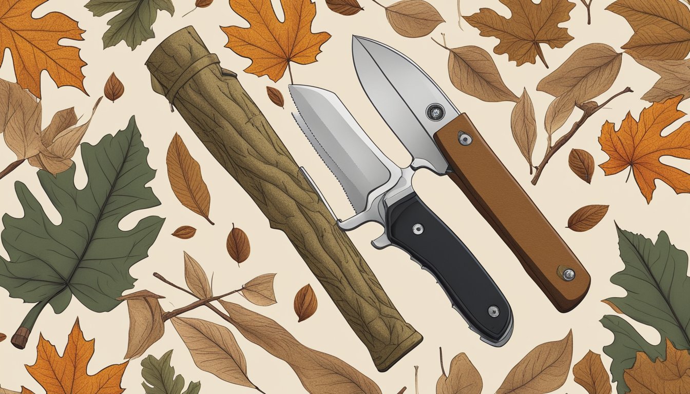 A hunter's hand holding a field dressing folding knife, surrounded by fallen leaves and a freshly harvested deer