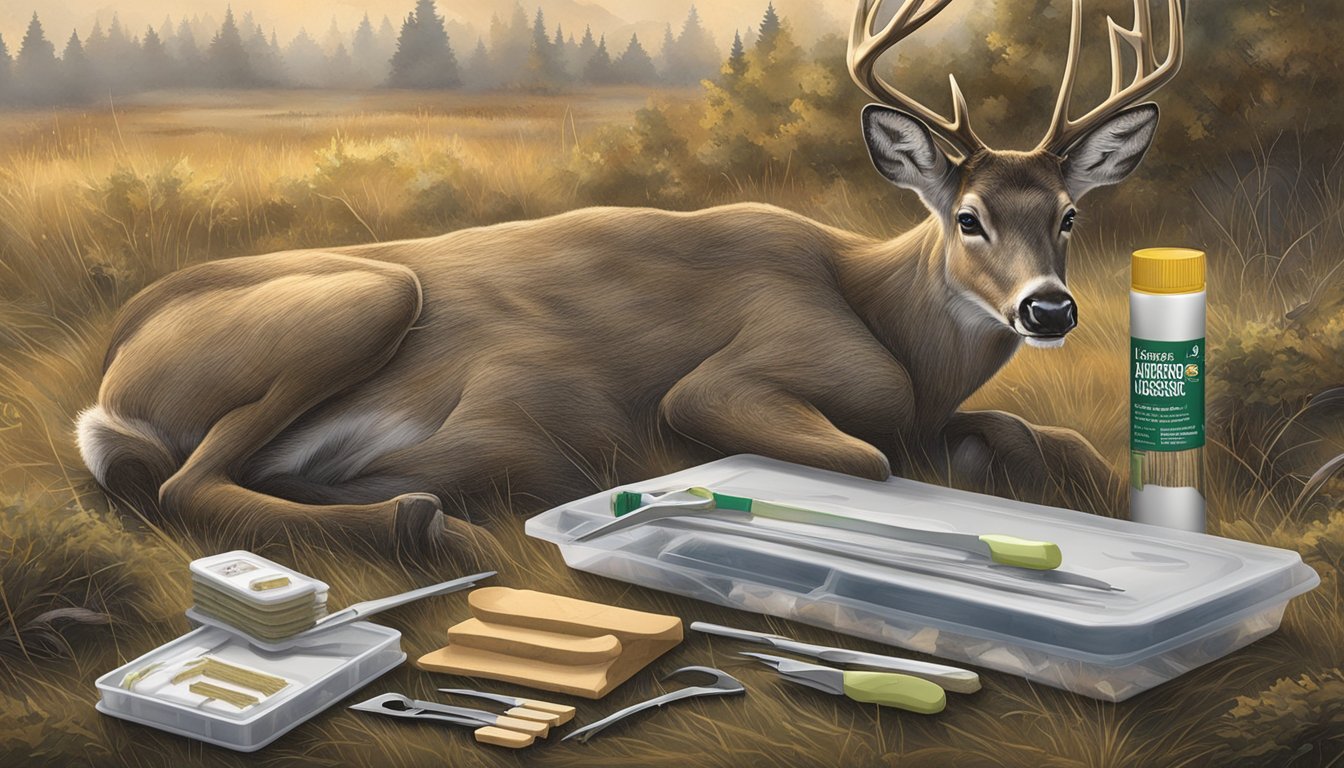 A gloved hand expertly field dressing a deer, with tools and packaging from the Trophy Taker Advantage kit scattered nearby