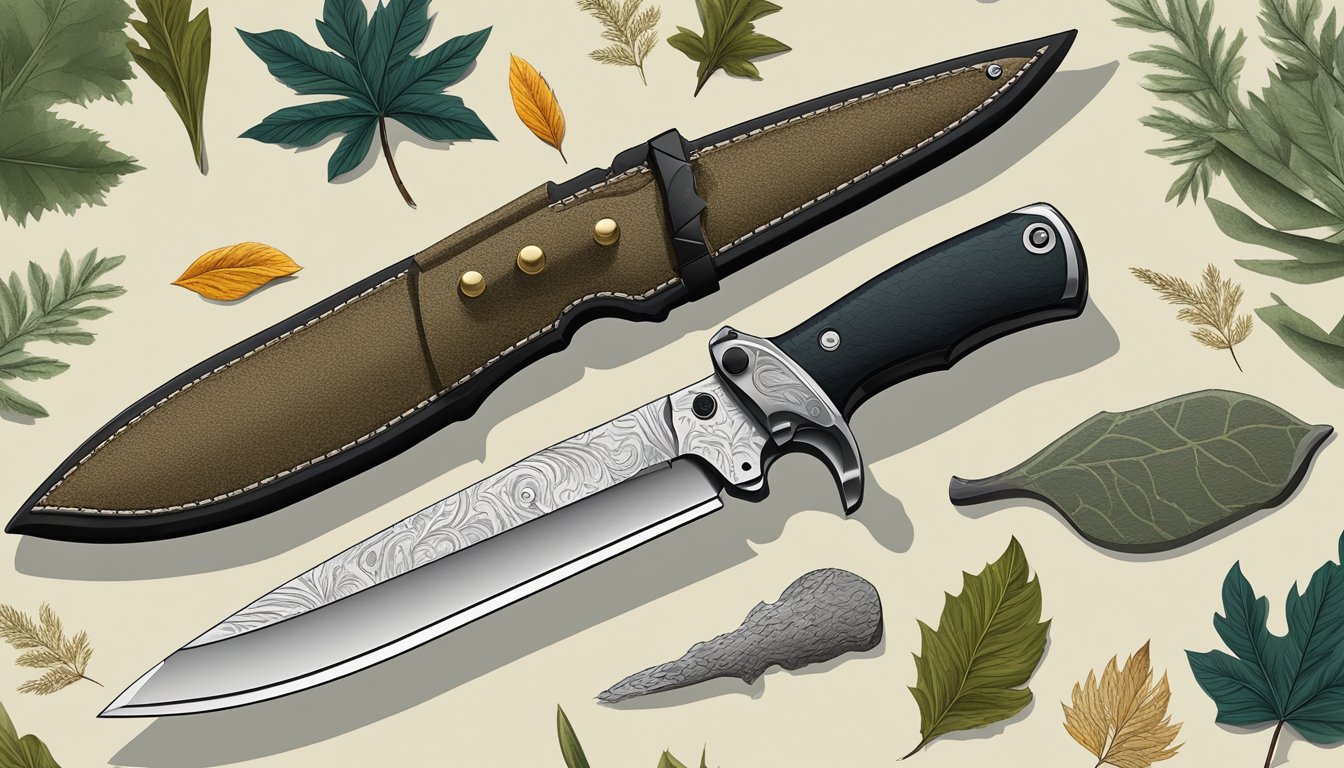 A hunting knife with a folding blade, textured handle, and sturdy clip, set against a backdrop of forest foliage and animal tracks