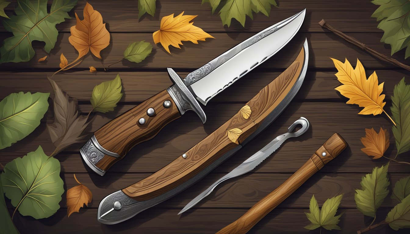 A hunting knife with a wooden handle and a stainless steel blade sits on a rustic wooden table surrounded by leaves and twigs