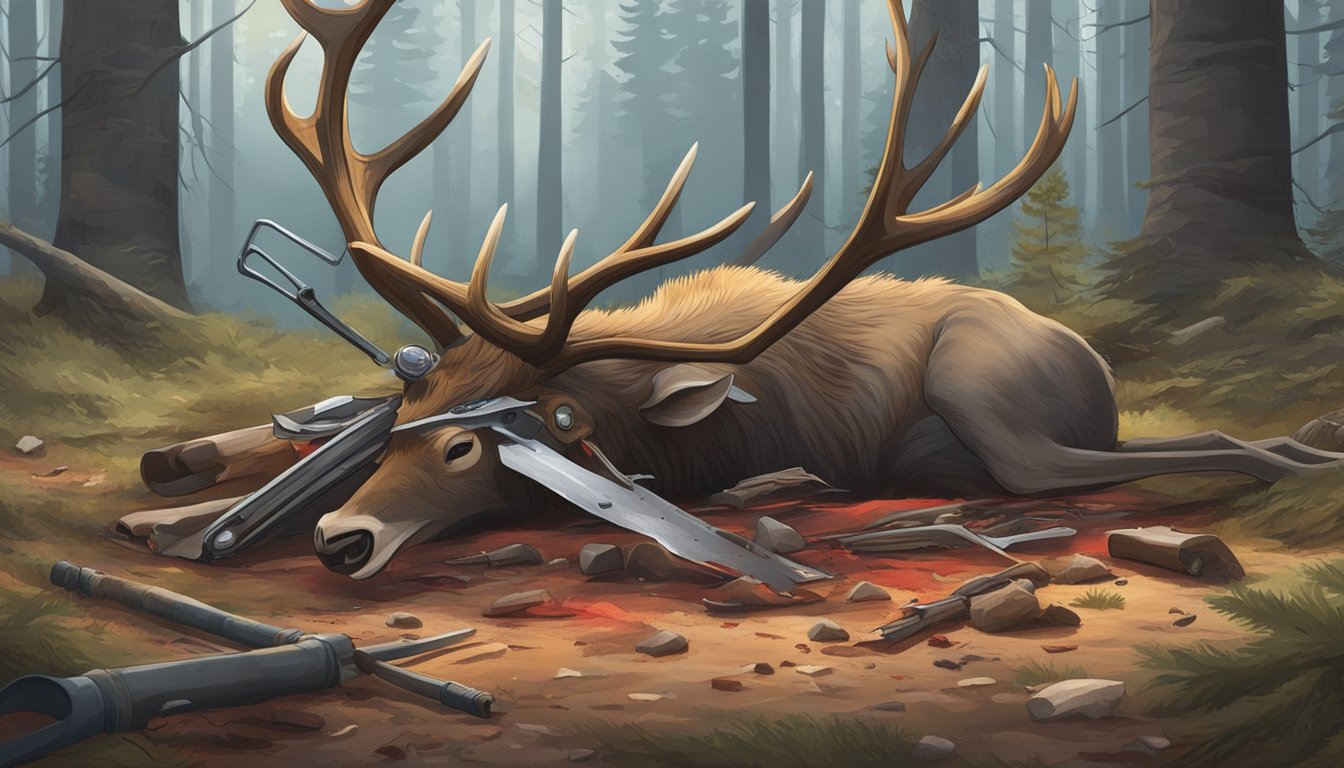 An elk carcass lies on the ground, surrounded by scattered tools and bloodstains. The forest provides a serene backdrop to the solemn task at hand