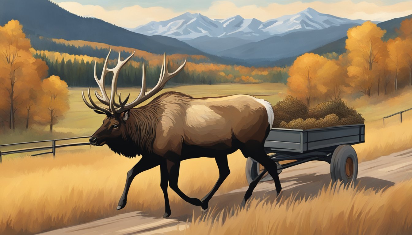 An elk being transported from a Colorado harvest field, with a rugged landscape and a hint of autumn foliage in the background