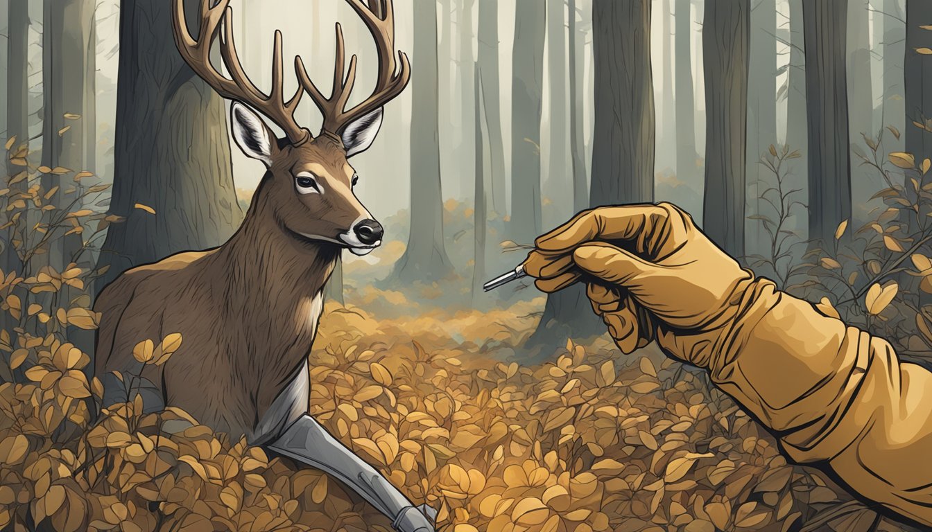 A hand reaching for a pair of field dressing gloves next to a freshly harvested deer