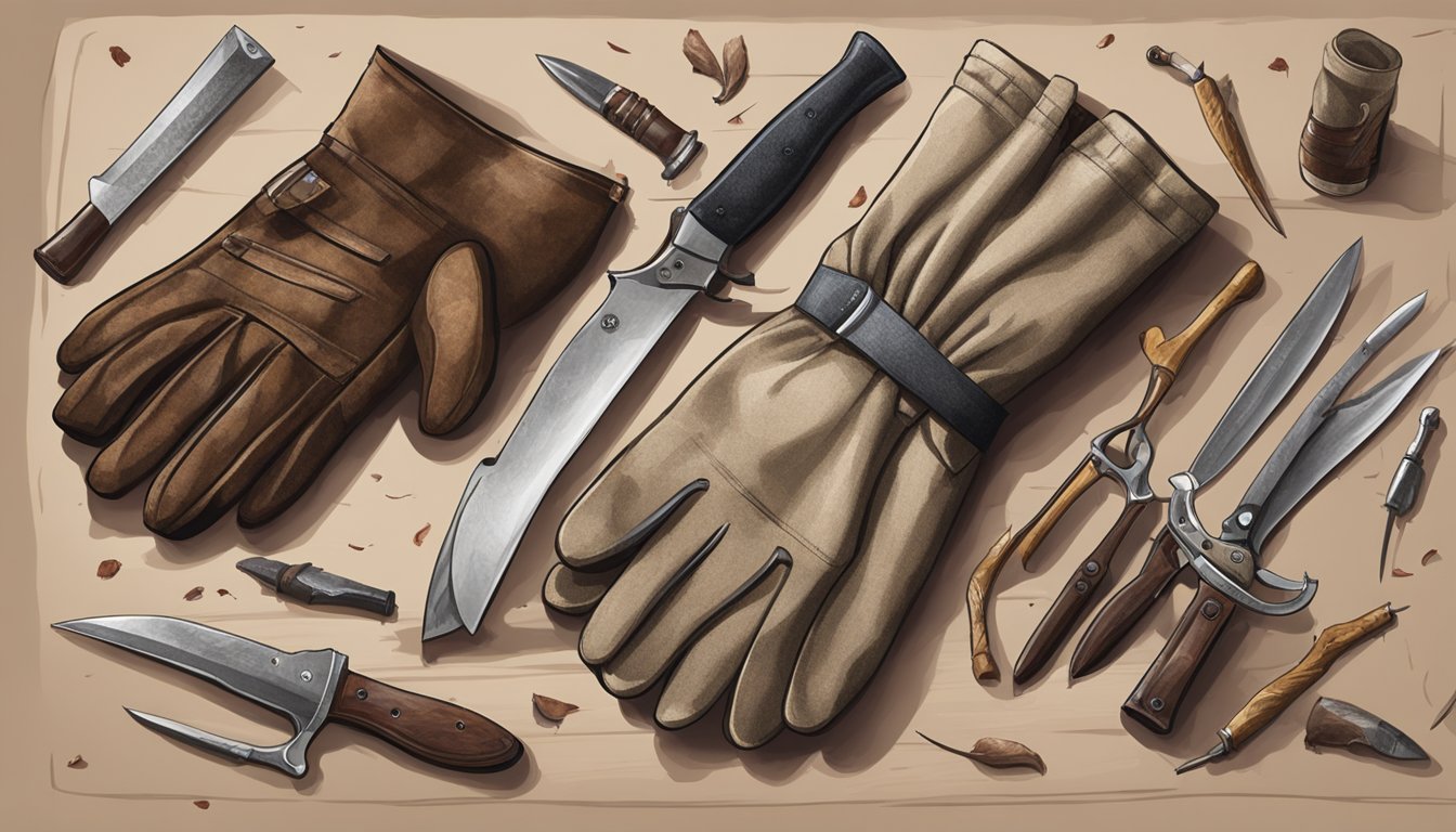 A pair of field dressing gloves laid out on a wooden table, surrounded by hunting knives, a blood-stained cloth, and a deer carcass