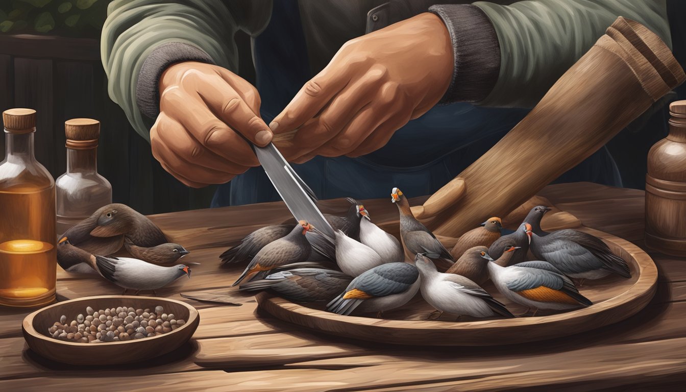 A hunter's hands cleaning and plucking game birds on a wooden table in a rustic outdoor setting