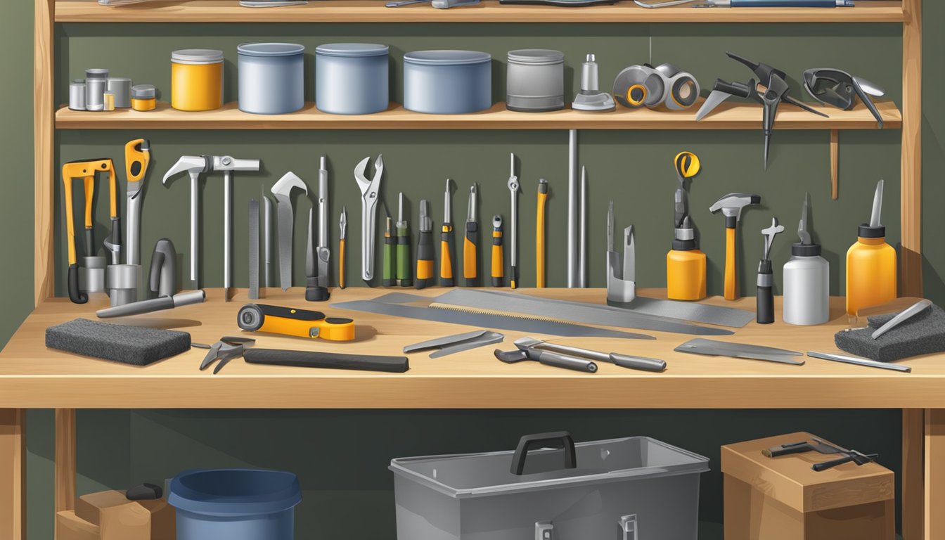 A workbench with various tools and materials for field dressing equipment maintenance