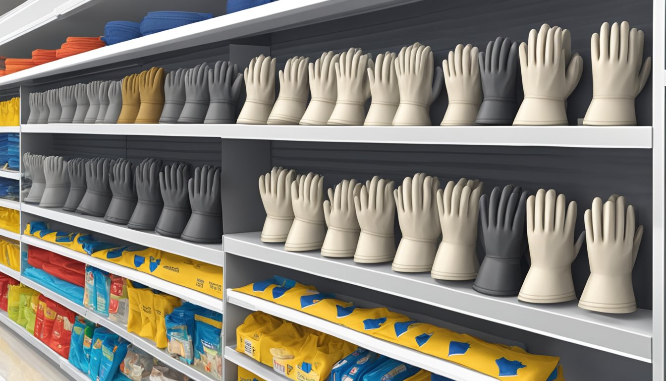 A pair of field dressing gloves is displayed on a shelf in a Walmart store