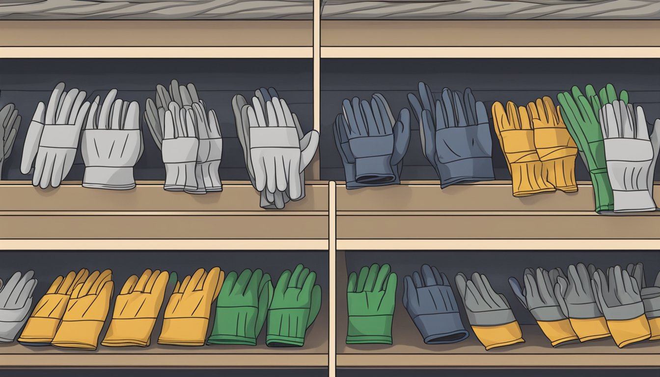 A pair of durable field dressing gloves being displayed on a shelf at Walmart