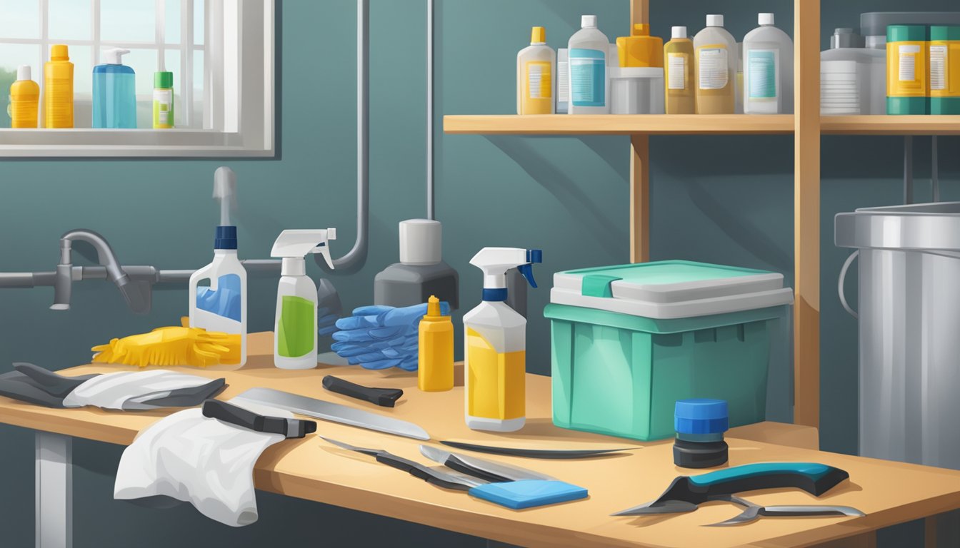 A clean, well-organized work area with gloves, knives, and disinfectant spray for field dressing equipment