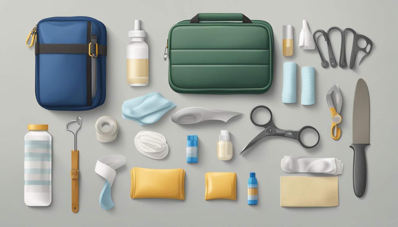 A field dressing kit with gloves, bandages, and tools on a clean, organized surface