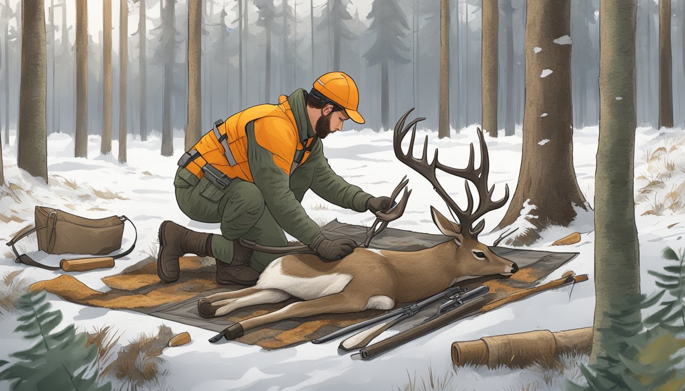 A hunter lays out tools for field dressing a fallow deer on a clean, flat surface in a forest clearing. Safety gear is prominently displayed