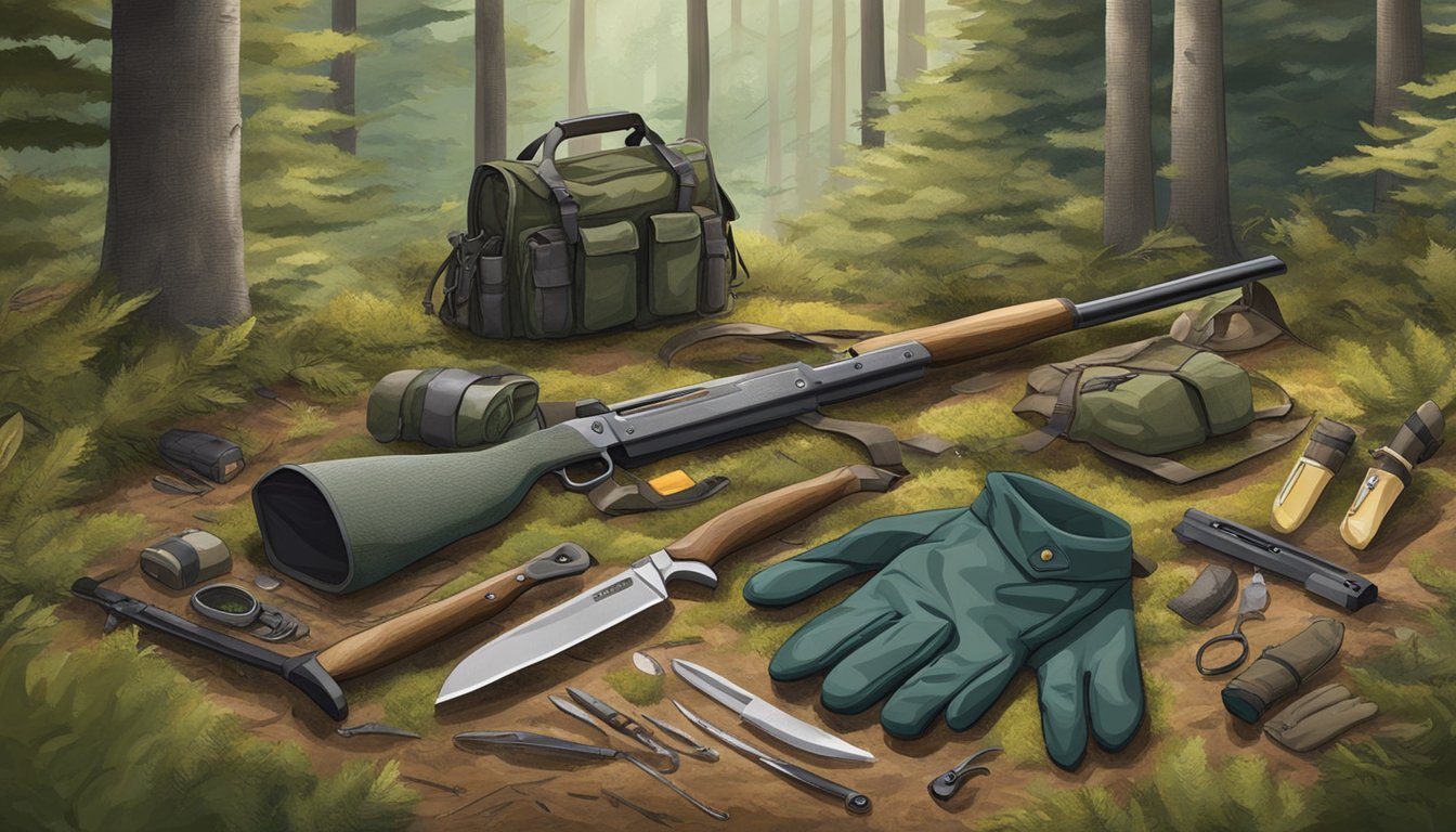 A hunting scene with field dressing gear laid out on a forest floor. A knife, gloves, and other equipment are arranged for use