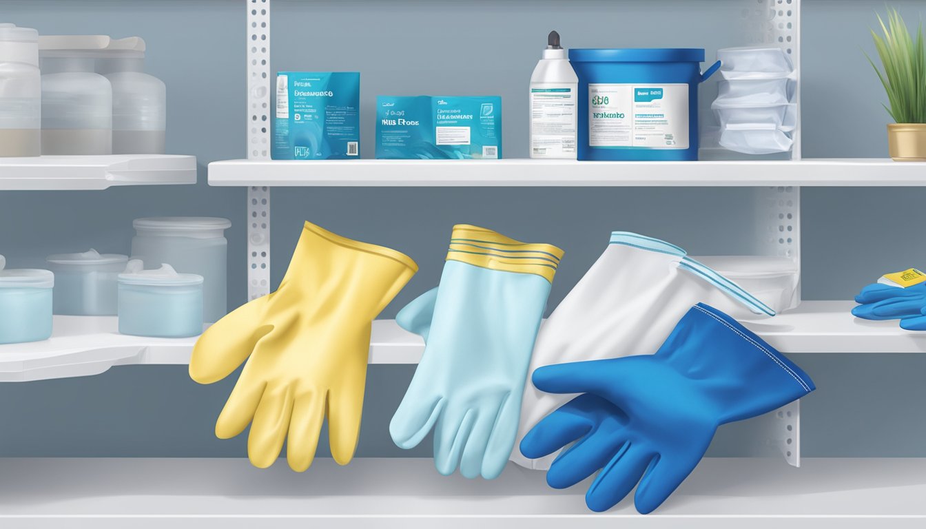 A pair of blue nitrile field dressing gloves sits on a white shelf in a Walmart store