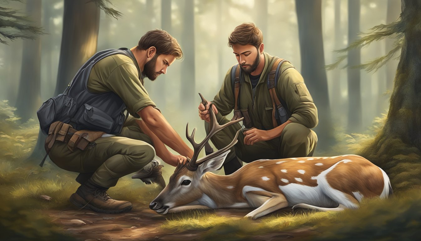 A hunter carefully removes the entrails from a fallow deer, surrounded by the peaceful tranquility of the forest