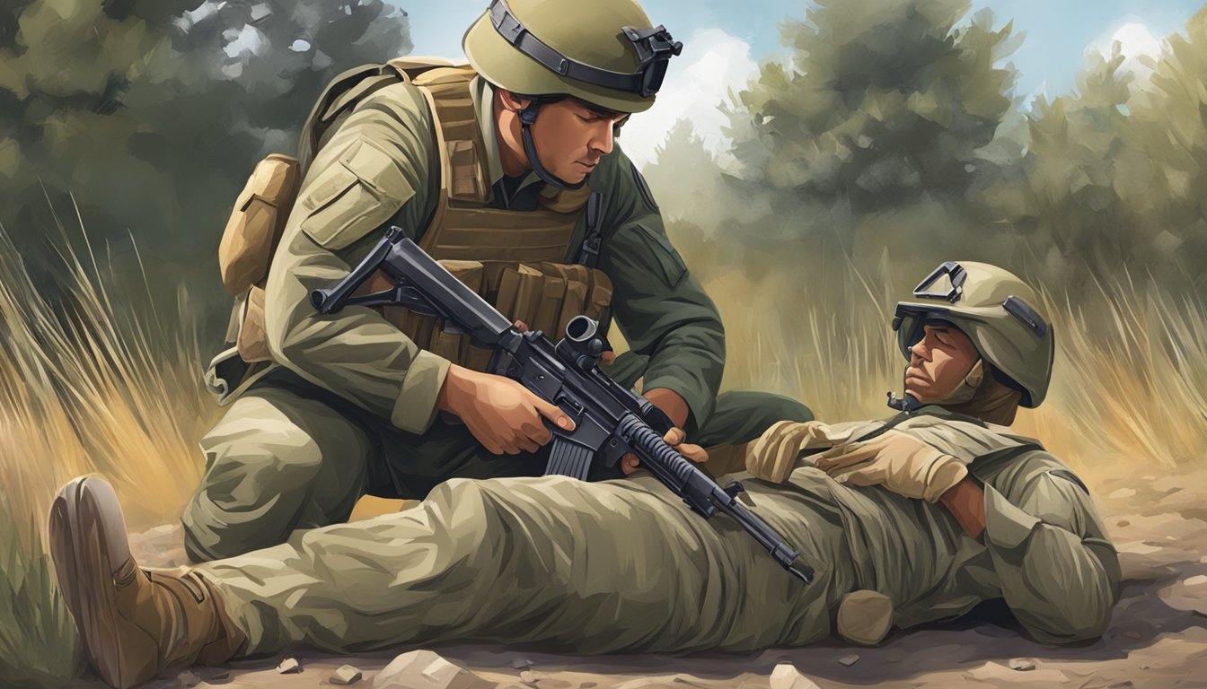 A soldier applying a field dressing to a gunshot wound in a tense, outdoor setting