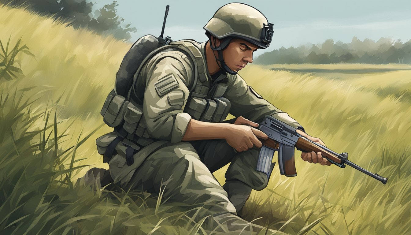 A soldier crouches in a grassy field, applying a bandage to a bleeding gunshot wound on their leg