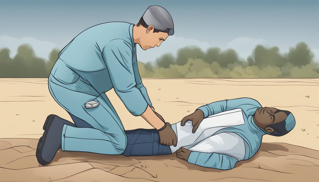 A medical professional carefully applies a field dressing to a gunshot wound, using advanced techniques and tools