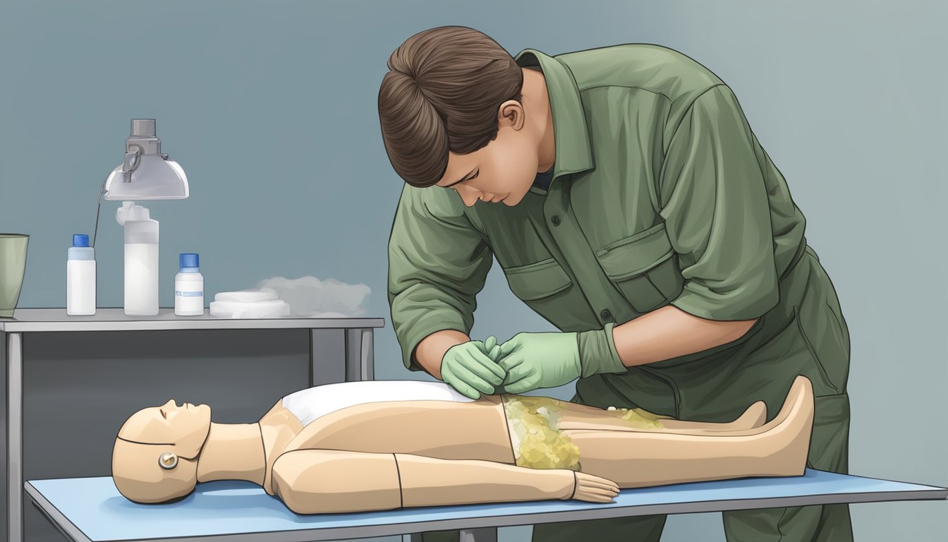 A medical professional applying a field dressing to a simulated gunshot wound on a training mannequin