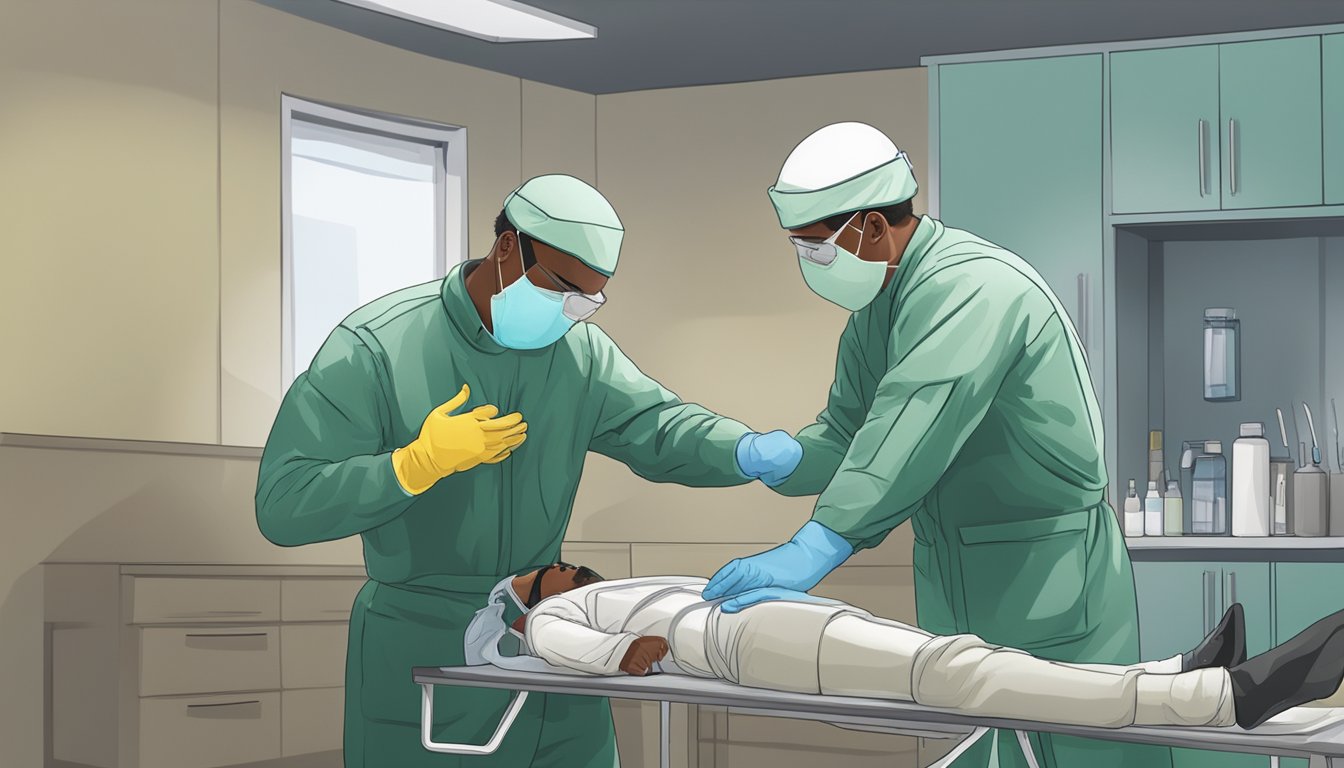 A field medic quickly applies pressure to a gunshot wound, while another prepares a sterile dressing