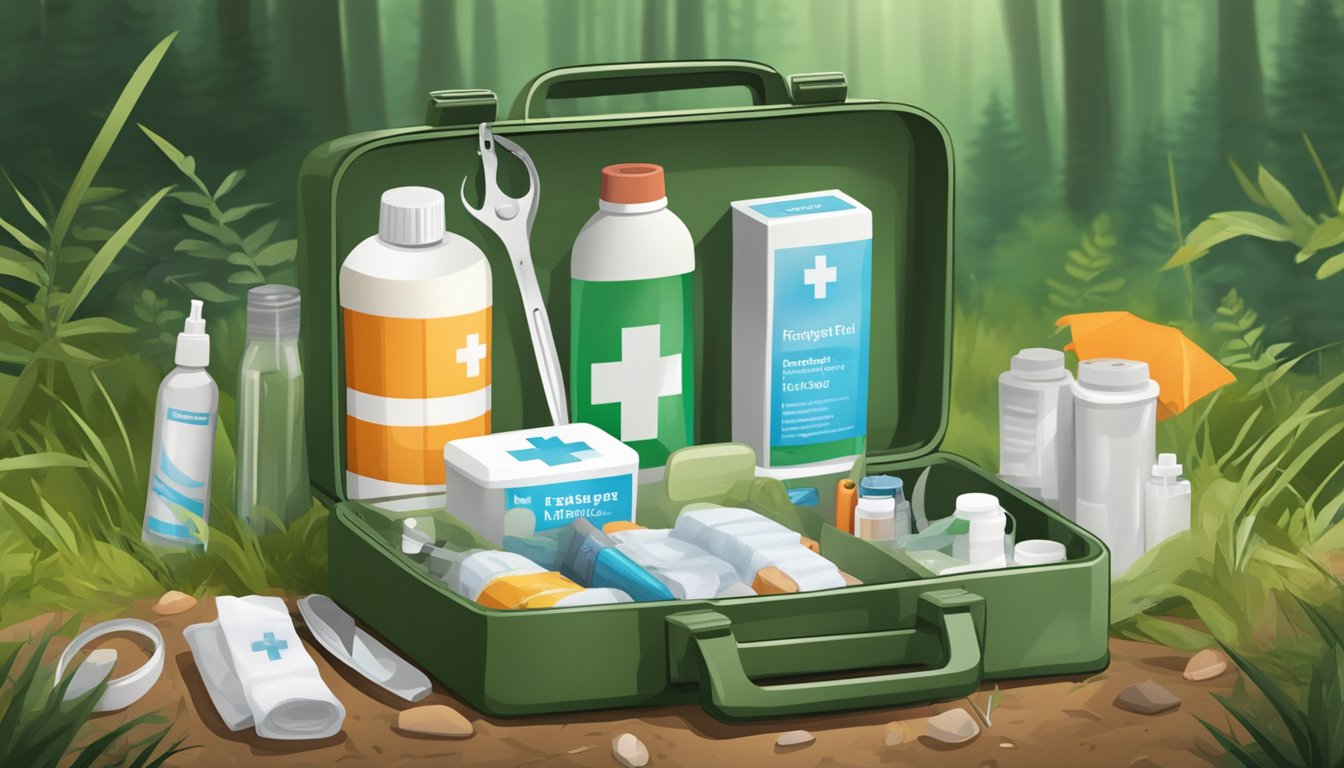 A compact field dressing first aid kit open on a forest floor, with bandages, scissors, and antiseptic spray laid out neatly