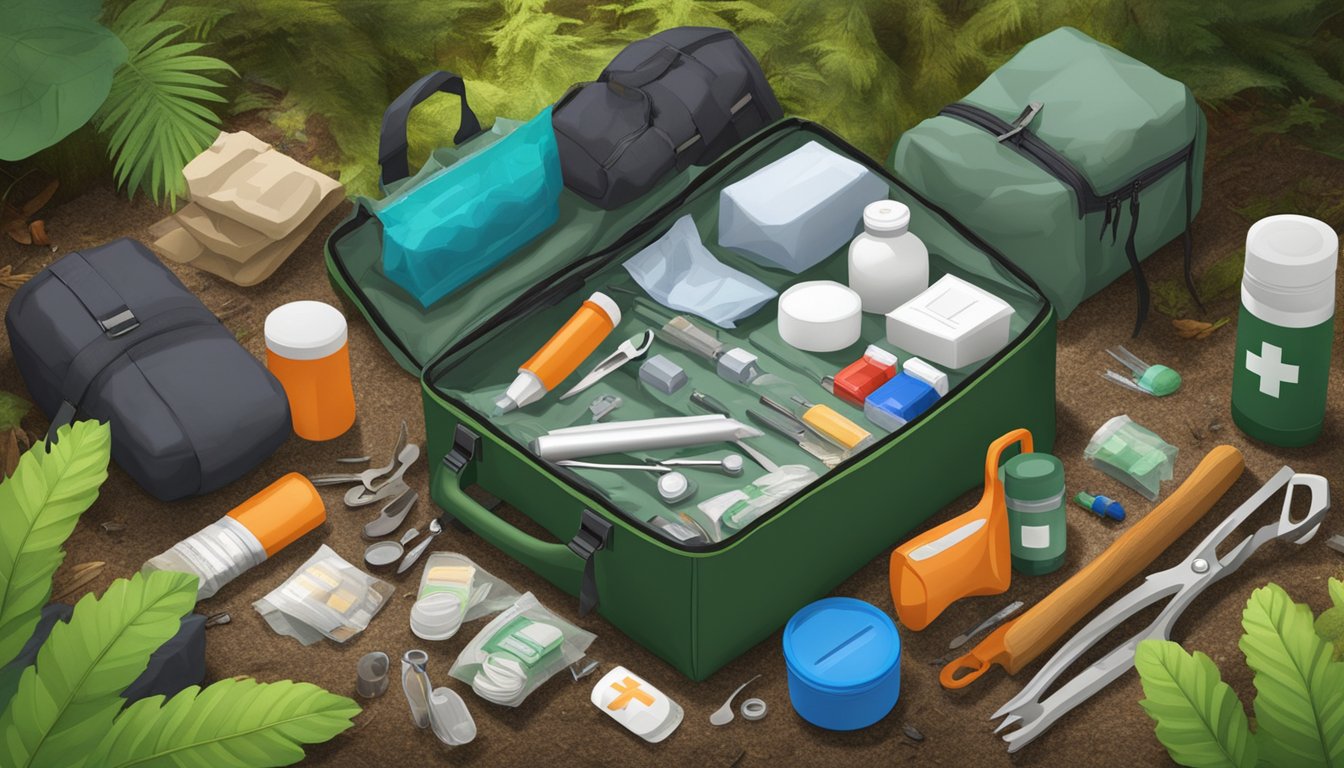 A field dressing first aid kit sits open on a forest floor, surrounded by scattered additional supplies and tools