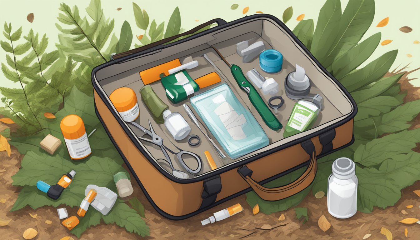 A field dressing first aid kit open on a forest floor with scattered leaves and twigs around it