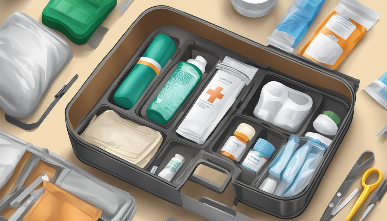 A field dressing first aid kit being carefully packed into a compact and organized container