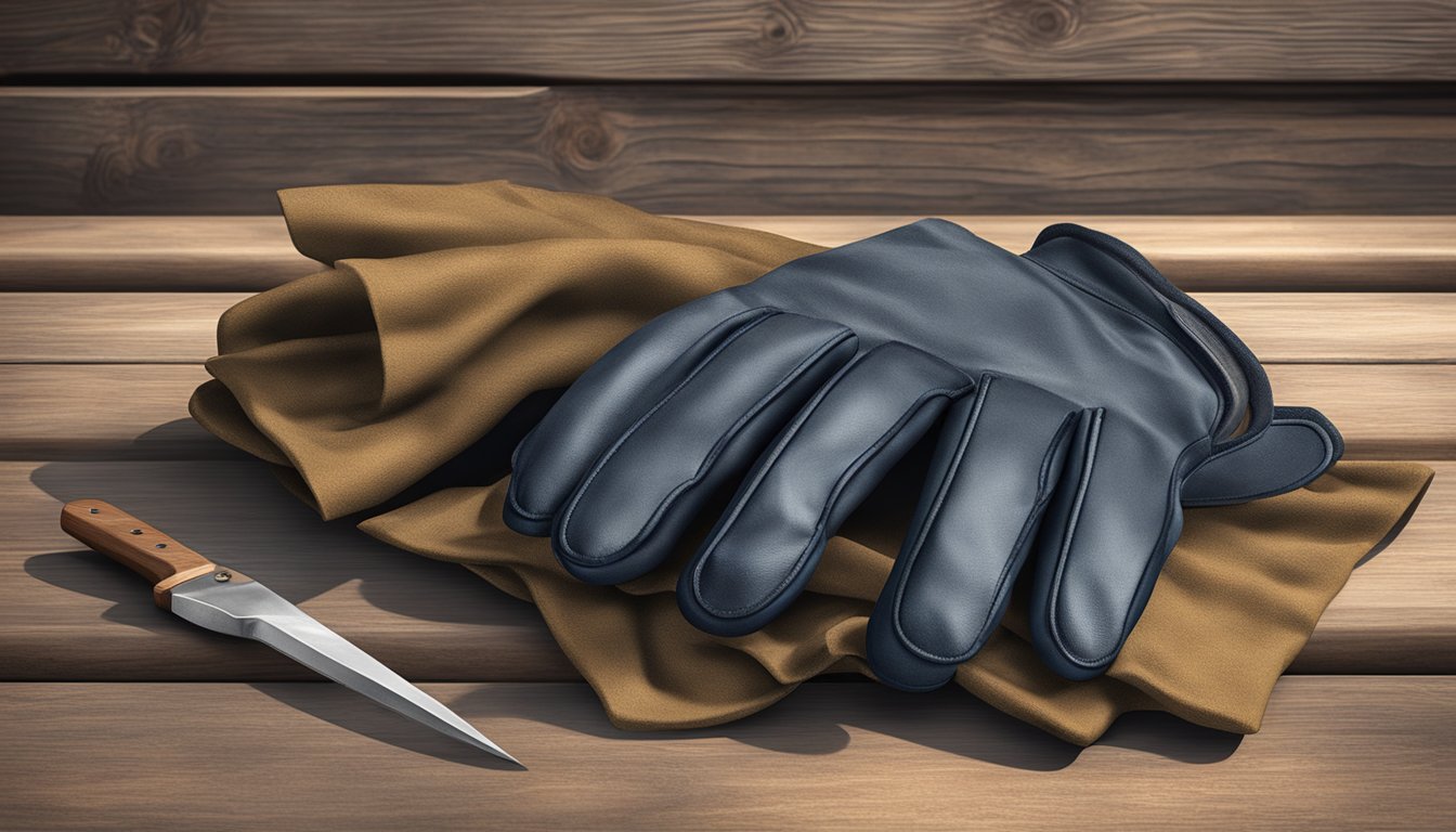 A pair of durable field dressing gloves displayed on a wooden table in a rustic outdoor setting