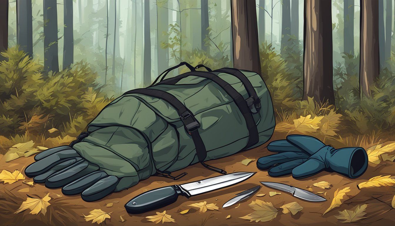 A pair of field dressing gloves lies on the forest floor near a hunting backpack and a blood-stained knife