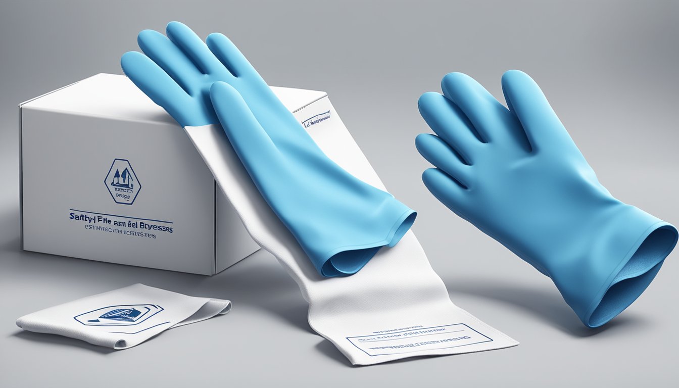 A pair of blue latex gloves sits on a clean, white surface next to a box labeled "Safety and Hygiene Field Dressing Gloves."