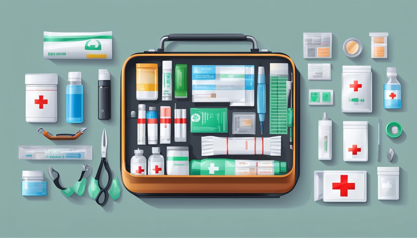 A modern first aid kit with advanced medical supplies and durable materials arranged neatly in a compact case