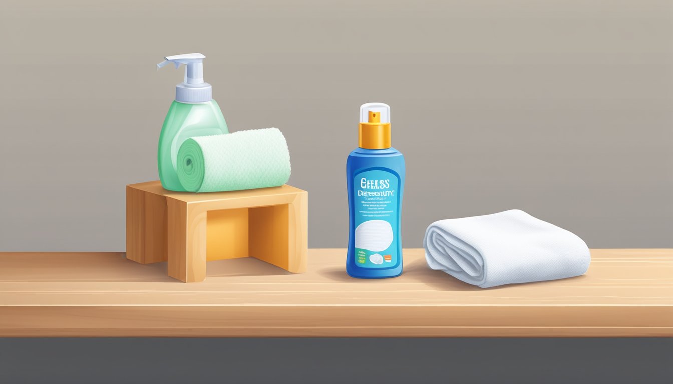 A small wooden shelf holds neatly folded field dressing gloves, next to a bottle of disinfectant spray and a roll of gauze