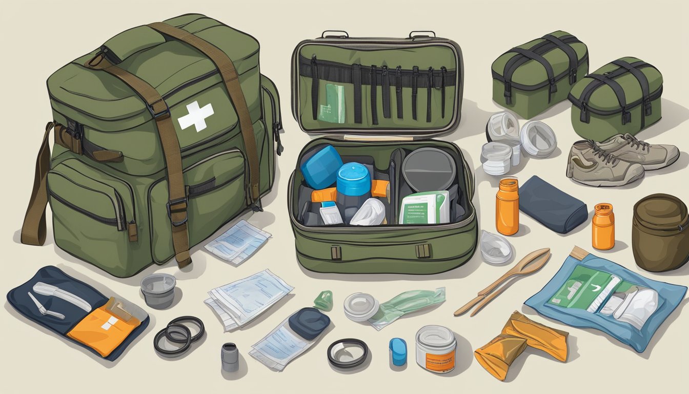 A field dressing first aid kit is shown open and surrounded by various outdoor recreation equipment, highlighting its versatility for different activities