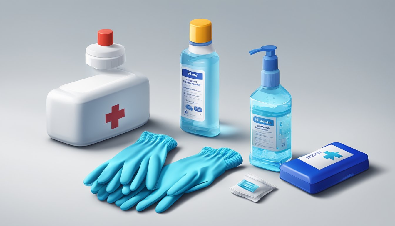 A pair of blue medical gloves sits on a clean, white surface, next to a first aid kit and a bottle of hand sanitizer