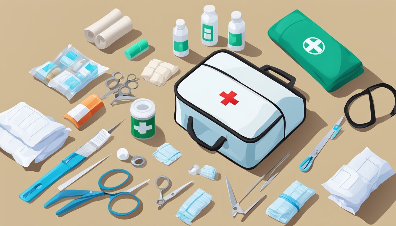 A first aid kit open on a table, with bandages, scissors, and medical supplies laid out