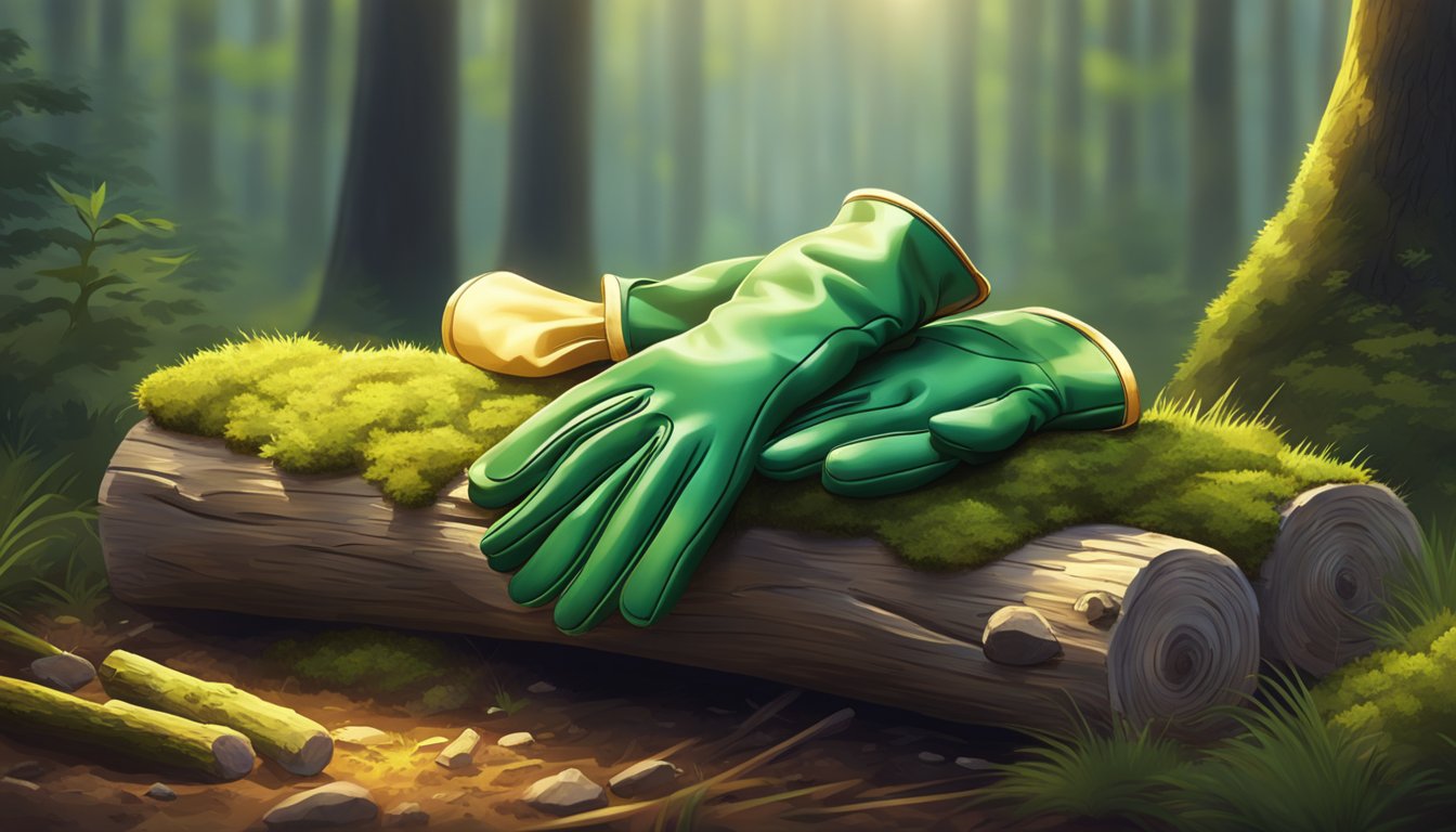 A pair of field dressing gloves rests on a mossy log in a dense forest clearing. The early morning light filters through the trees, casting a soft glow on the gloves