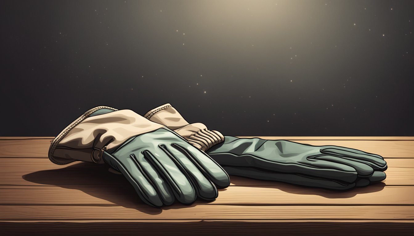 A pair of field dressing gloves lying on a rustic wooden table in a dimly lit room