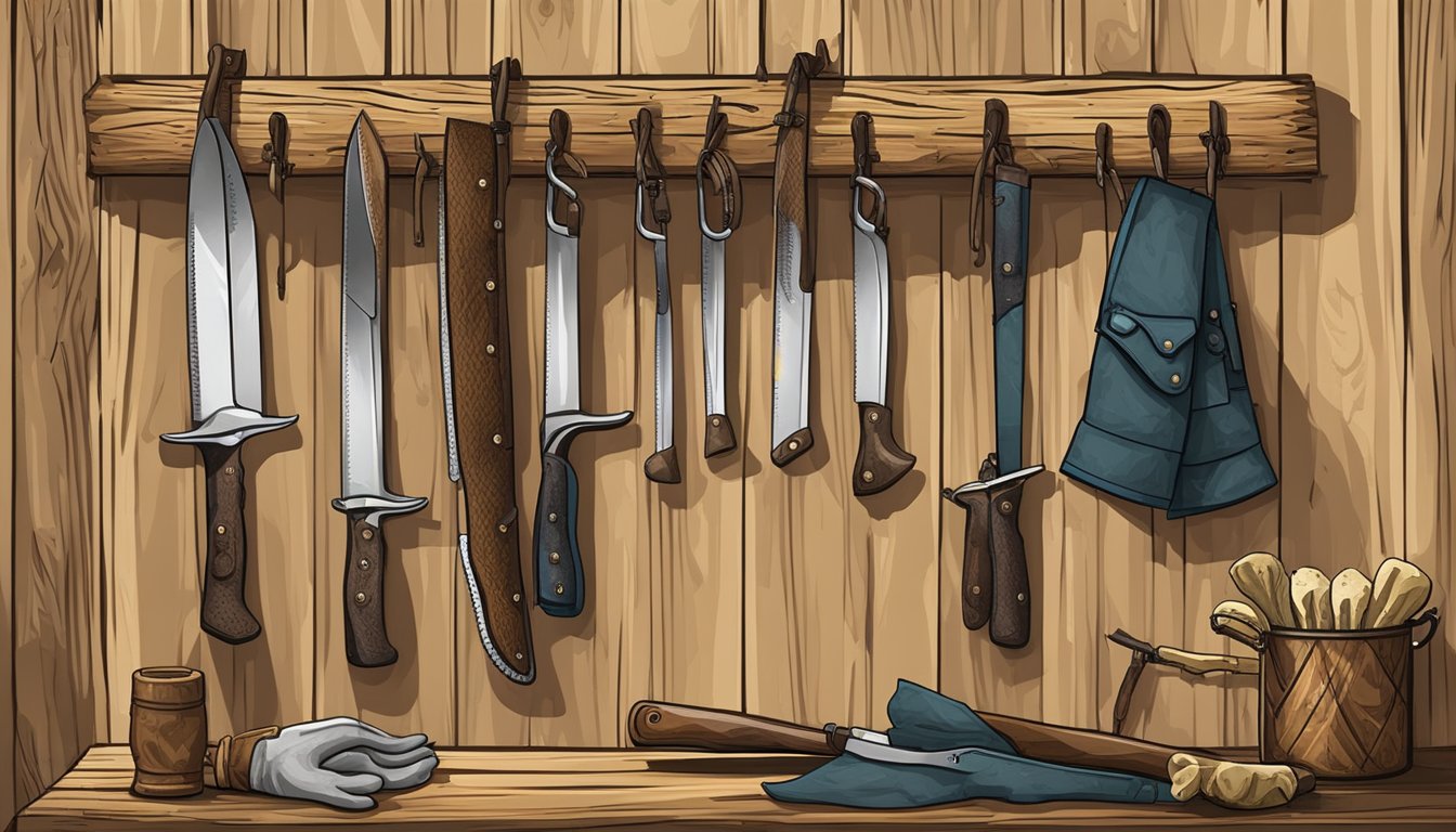 A hunting knife, bone saw, and gloves hang from a field dressing hanger in a rustic hunting cabin