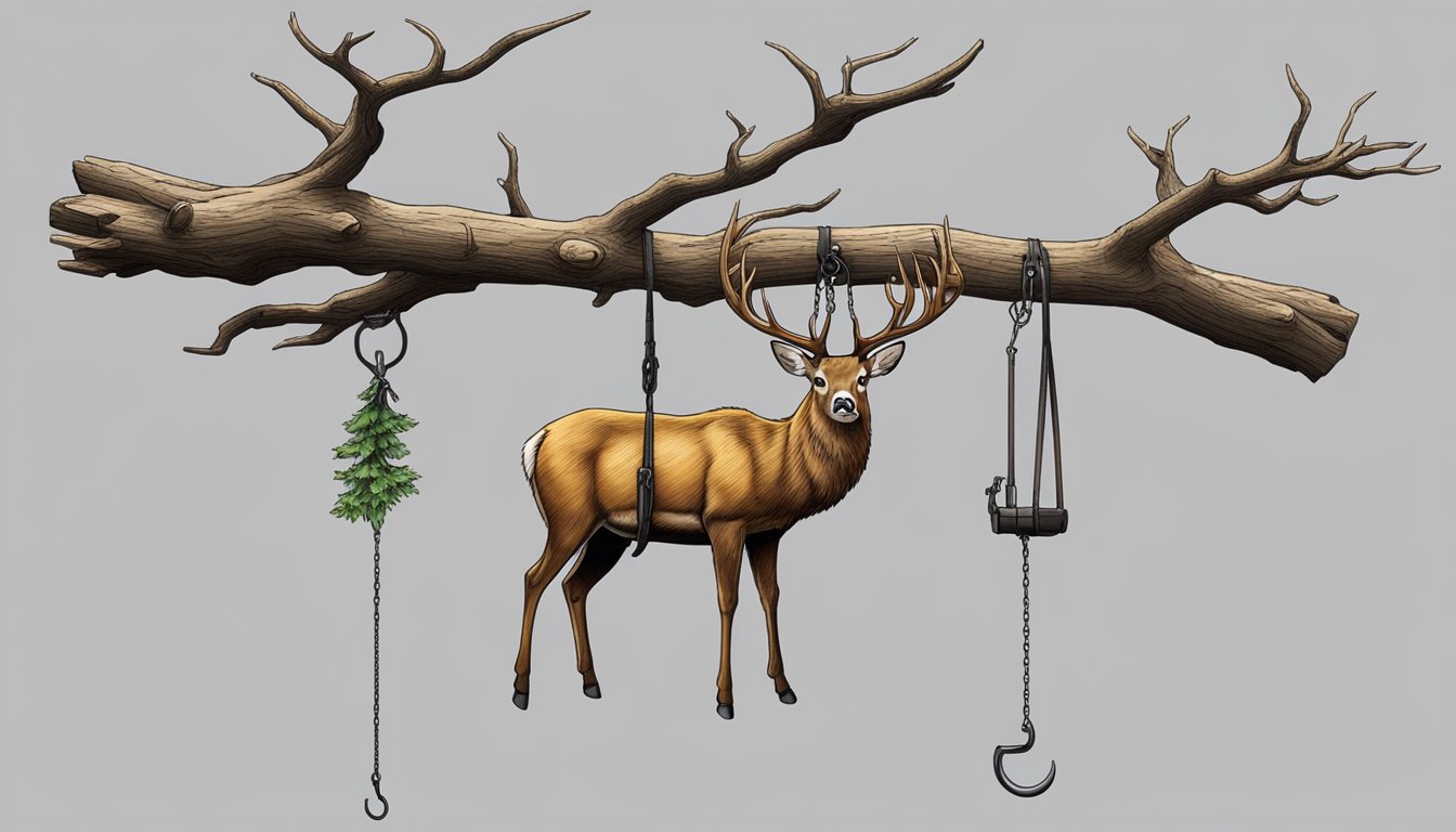 A deer hanger suspended from a tree branch, with a deer carcass hanging from it. The hanger is sturdy and adjustable, with metal hooks and a pulley system